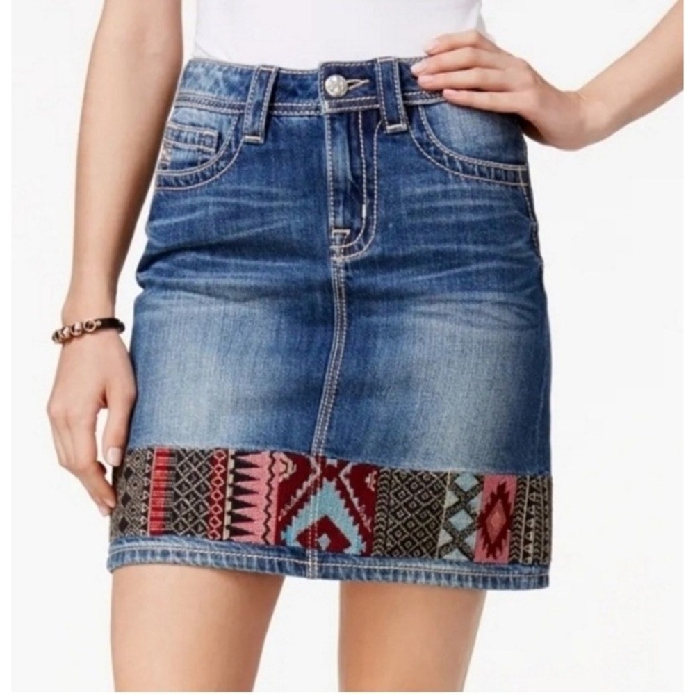 Miss Me Blue Denim High Rise Mini Skirt 26 Aztec Hem‎ Western Boho Vintage